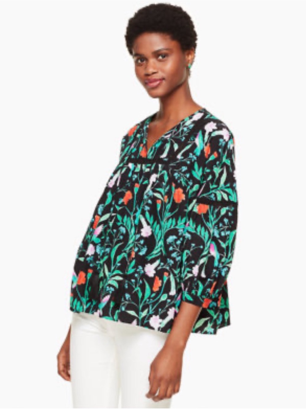 Kate Spade Floral Hummingbird V-Neck Peasant Top - Black Multi